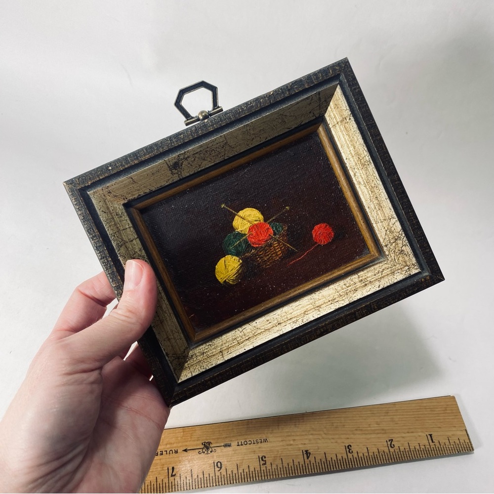 Miniature Vintage Still Life Oil Painting Board Basket Knitting Yarn and Needles - Picture 10 of 13
